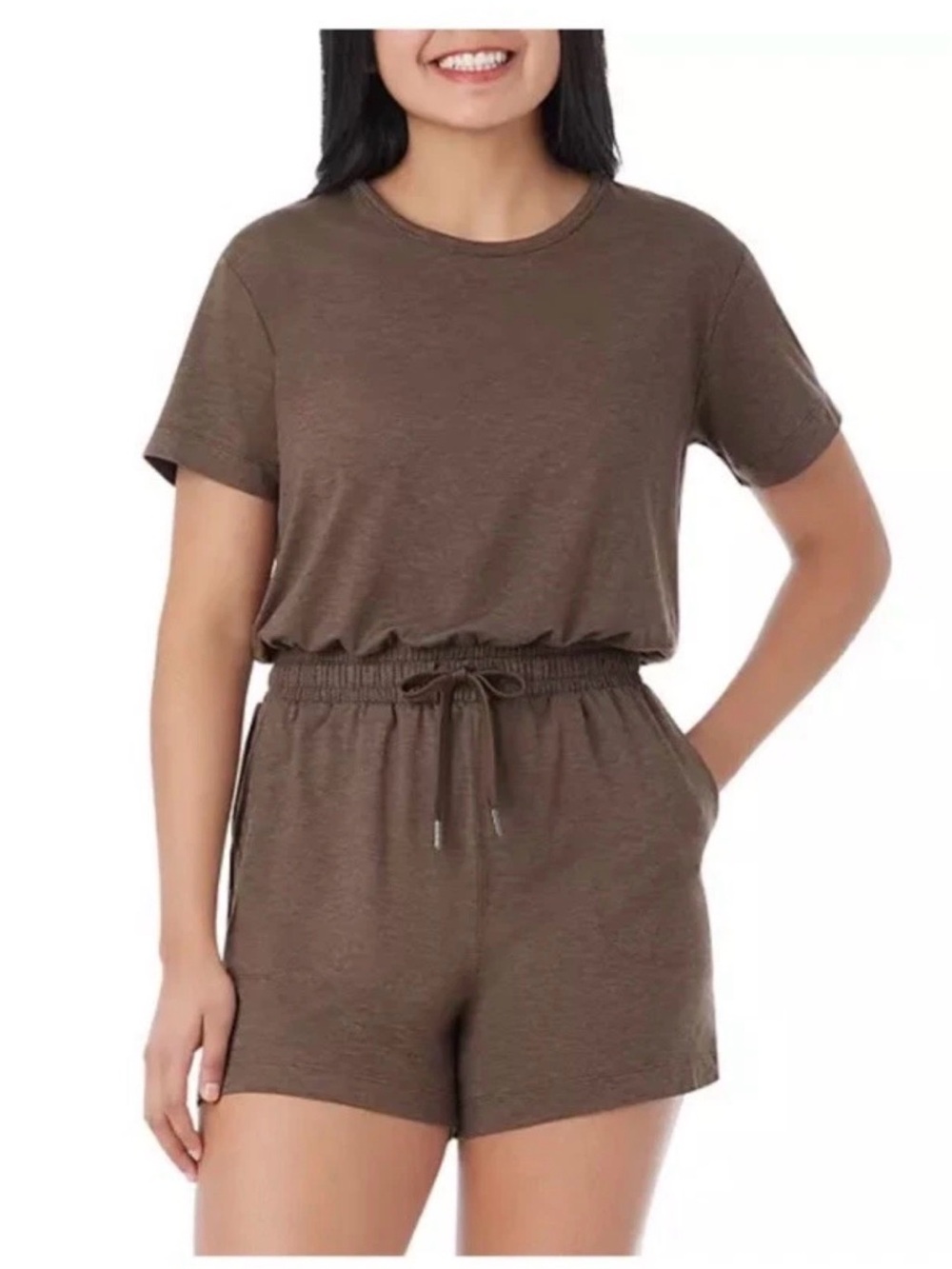 Casual Short-Sleeve Brown Drawstring Romper